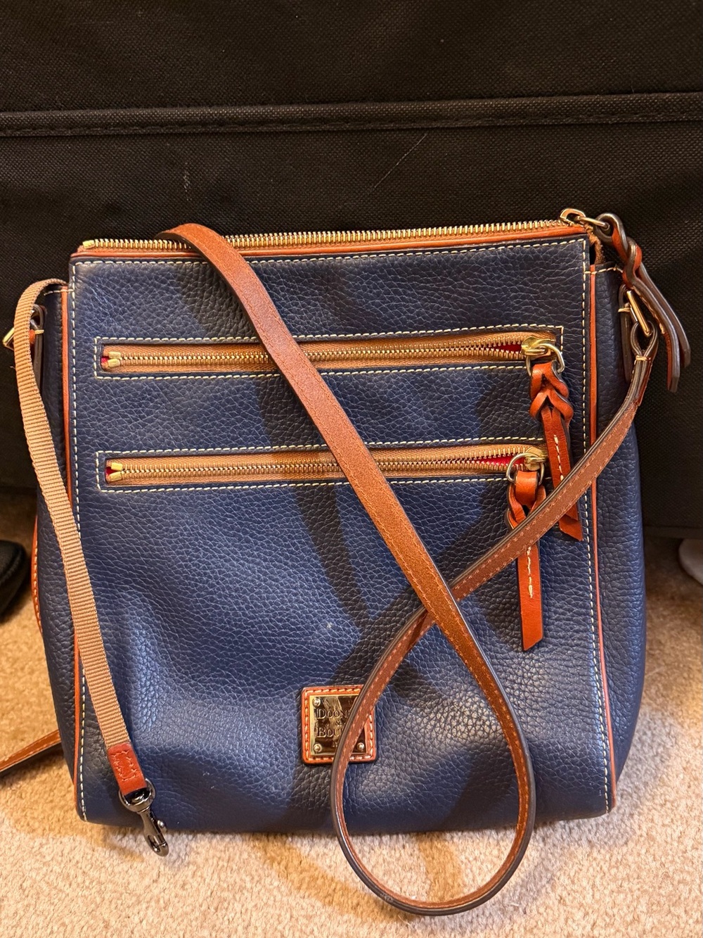 Dooney & Bourke Navy and Tan Pebbled Leather Crossbody Bag
